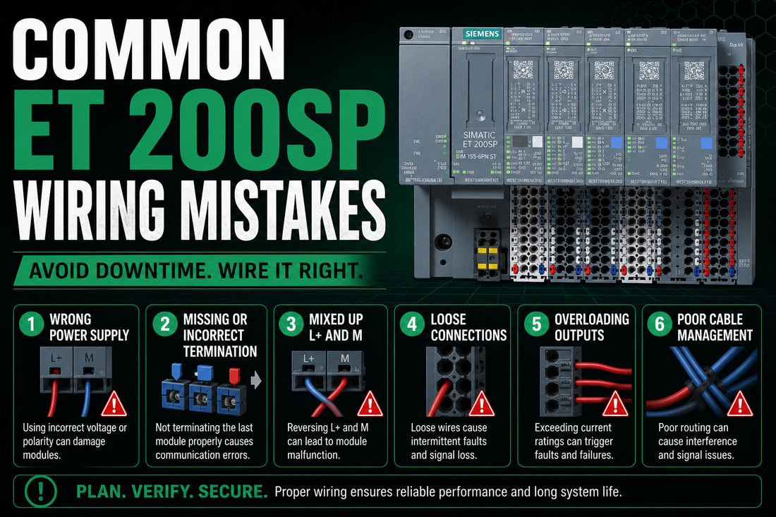 Siemens SIMATIC ET 200SP distributed I/O station showing BaseUnits and I/O modules wired in an industrial control panel