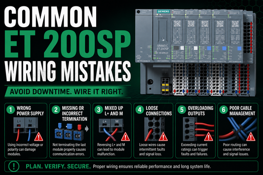 Siemens SIMATIC ET 200SP distributed I/O station showing BaseUnits and I/O modules wired in an industrial control panel