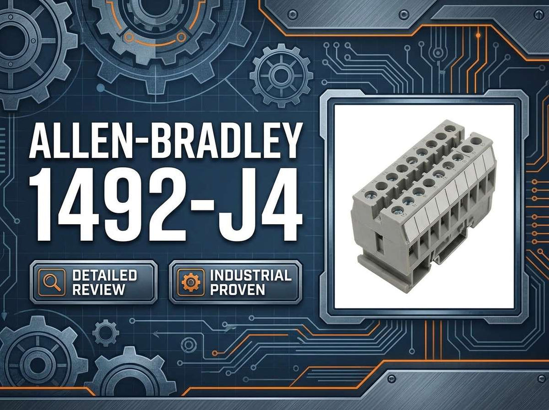 Allen-Bradley 1492-J4 gray 4 mm² IEC feed-through terminal block mounted on 35 mm DIN rail in industrial control panel