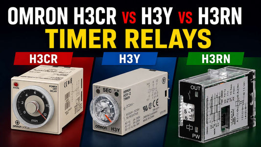 Omron H3CR H3Y H3RN solid-state timer relays side by side for industrial control panel comparison
