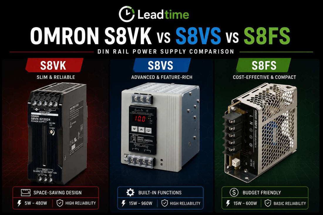 Omron S8VK S8VS S8FS DIN rail switching power supplies side by side for industrial control panel comparison