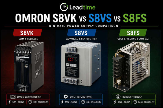 Omron S8VK S8VS S8FS DIN rail switching power supplies side by side for industrial control panel comparison