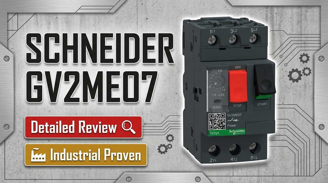 Schneider Electric GV2ME07 TeSys Deca manual motor starter and protector mounted on 35mm DIN rail in industrial control panel