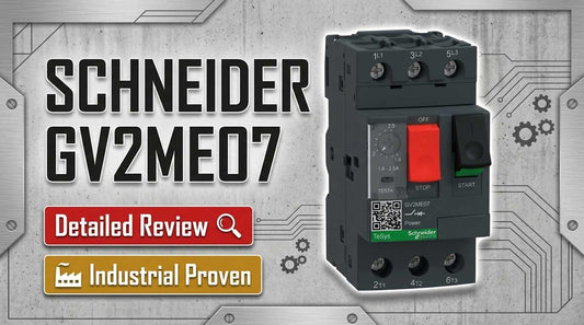 Schneider Electric GV2ME07 TeSys Deca manual motor starter and protector mounted on 35mm DIN rail in industrial control panel