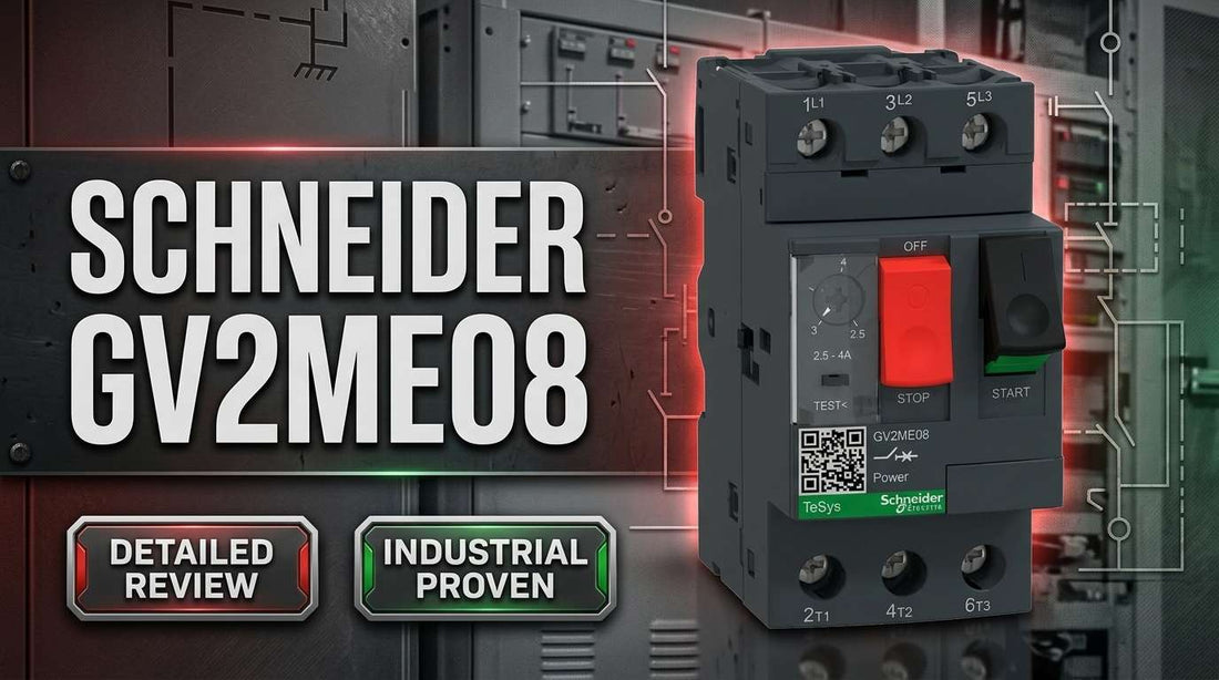 Schneider Electric GV2ME08 TeSys 3-pole thermal-magnetic motor circuit breaker mounted on DIN rail in industrial control panel
