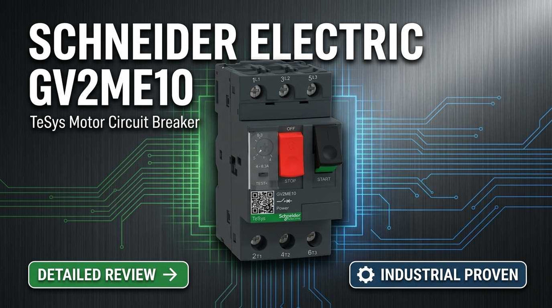 Schneider Electric GV2ME10 TeSys Deca manual motor starter and protector mounted on 35mm DIN rail in industrial control panel