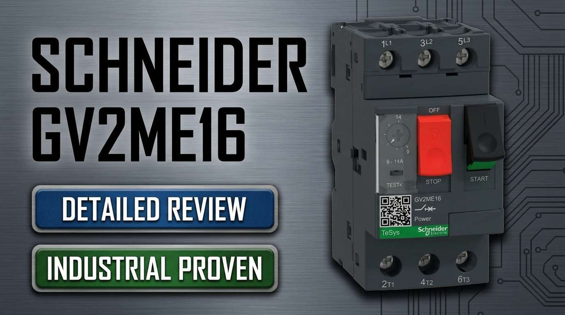 Schneider Electric GV2ME16 TeSys Deca thermal-magnetic motor circuit breaker mounted on DIN rail in industrial control panel