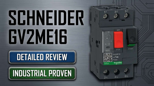 Schneider Electric GV2ME16 TeSys Deca thermal-magnetic motor circuit breaker mounted on DIN rail in industrial control panel