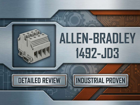 Allen-Bradley 1492-JD3 2.5 mm double level IEC screw-clamp terminal block mounted on 35 mm DIN rail in industrial control panel