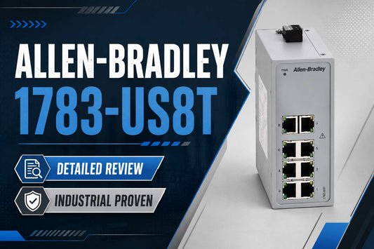 Allen-Bradley 1783-US8T Stratix 2000 8T Port Unmanaged Switch DIN-rail mounted in industrial control panel