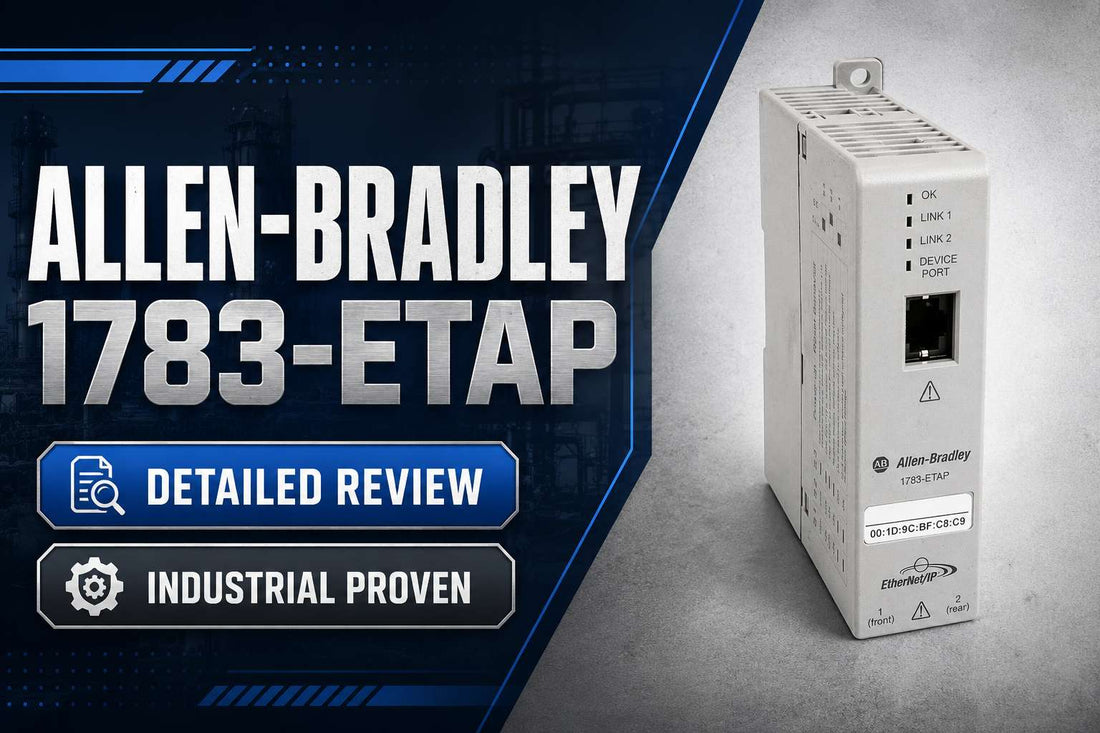Allen-Bradley 1783-ETAP 3 Port EtherNet/IP Tap mounted on DIN rail in industrial control panel for DLR network