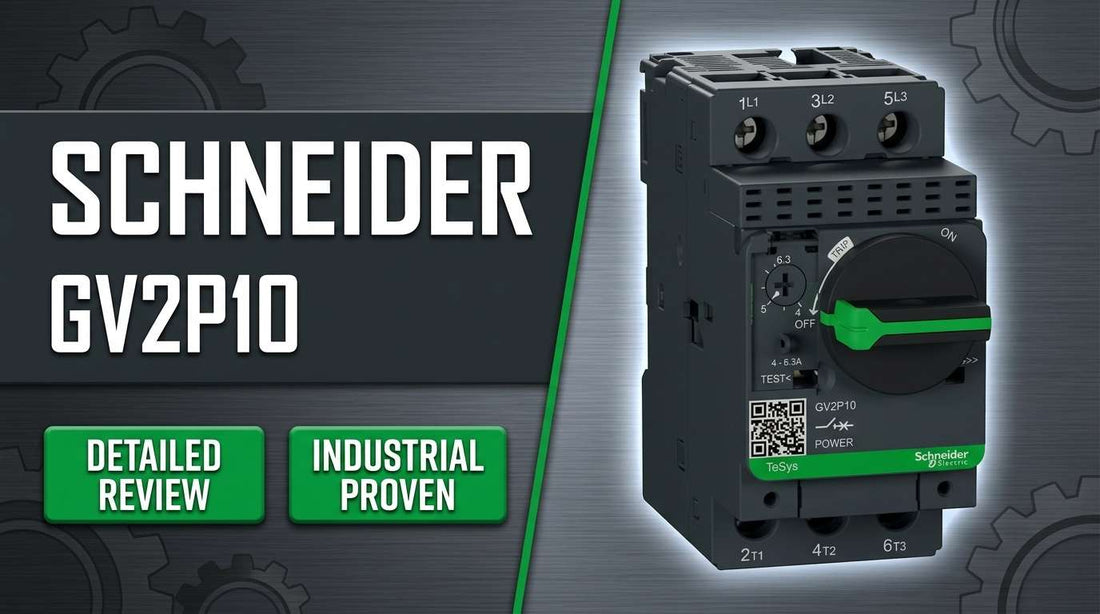 Schneider Electric GV2P10 TeSys GV2P three-pole thermal-magnetic motor circuit breaker mounted on 35mm DIN rail in industrial control panel