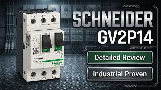 Schneider Electric GV2P14 TeSys GV2P thermal-magnetic motor circuit breaker mounted on DIN rail in industrial control cabinet