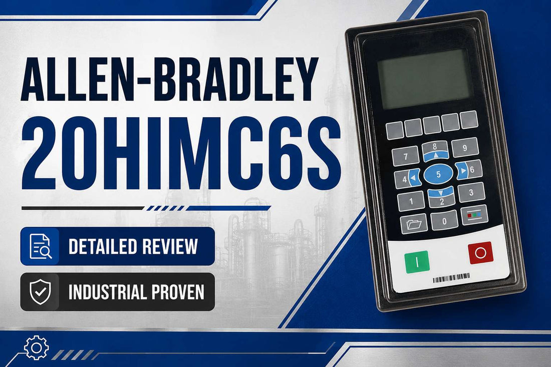 Allen-Bradley 20-HIM-C6S PowerFlex remote enhanced HIM LCD interface module mounted on industrial panel door